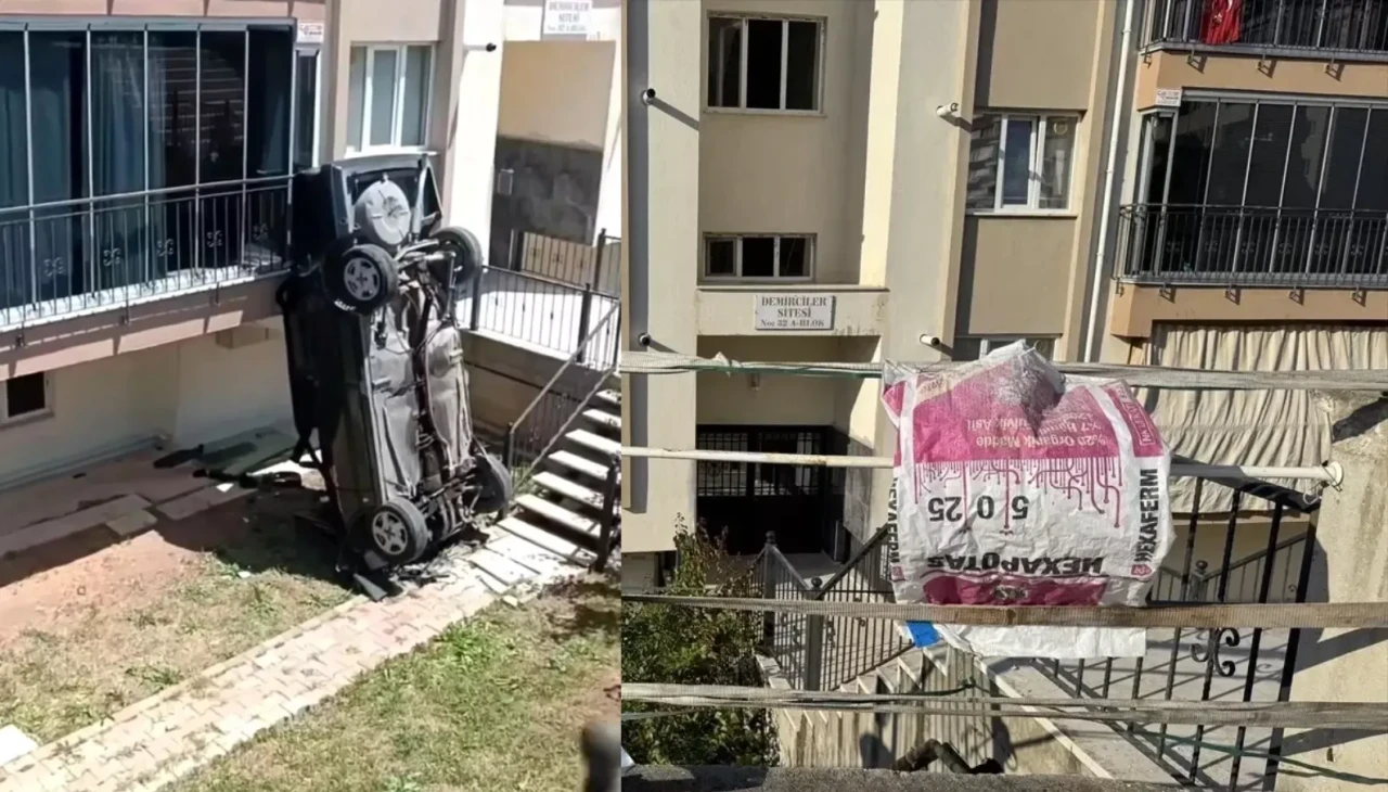 Denizli'de Otomobil Feci Şekilde Apartman Bahçesine Düştü!