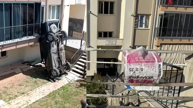 Denizli'de Otomobil Feci Şekilde Apartman Bahçesine Düştü!